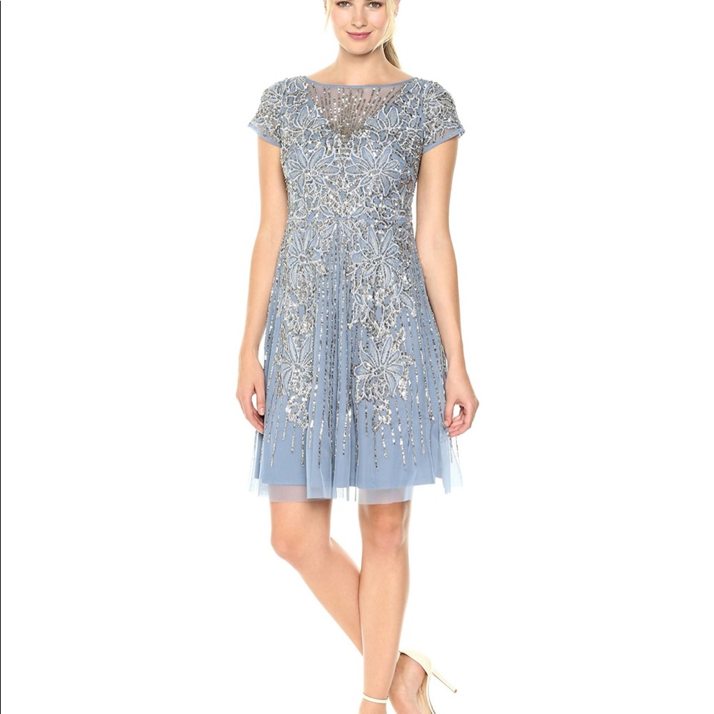 Aidan Mattox silver and blue cocktail dress